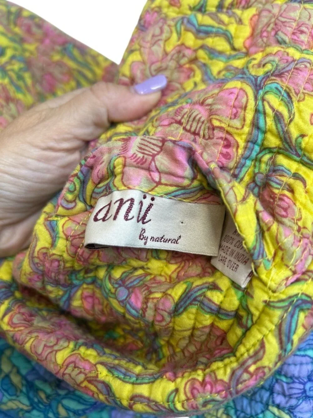 Anu by Natural Reversible Quilted Floral Jacket Yellow Blue Button Artisan